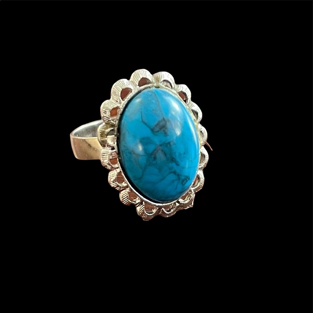 Imitation turquoise silver tone metal adjustable ring